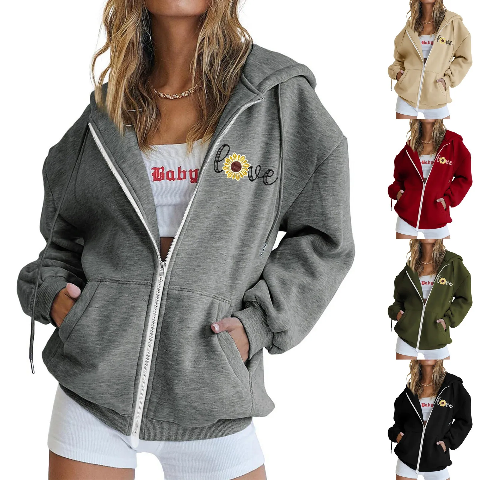 

Womens Casual Print Long Sleeve Zipper Hooded Coat Pocket Sweatshirt Tops Tight Hoodie Women