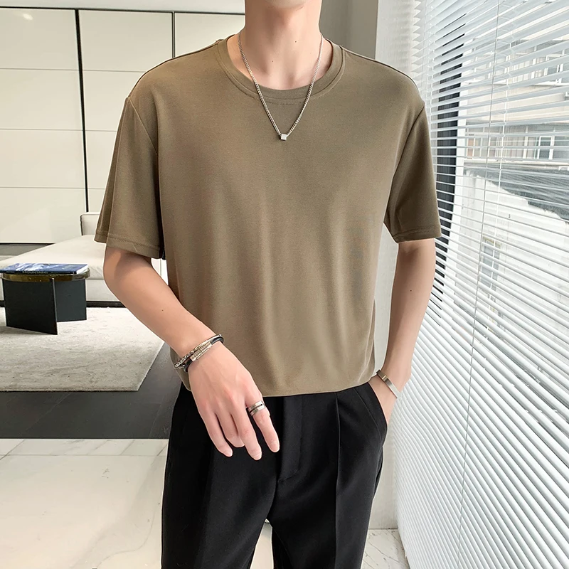 

Летняя новая Модальная Мужская футболка с круглым вырезом модный дизайн приталенные однотонные футболки с коротким рукавом