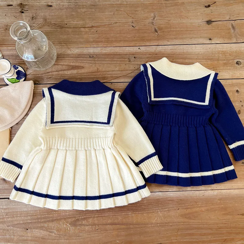 

Navy StyleToddler Baby Girl Princess Dress Long Sleeved Knitting Dresses Autumn Spring Kids Dresses Children Clothing Girl Dress