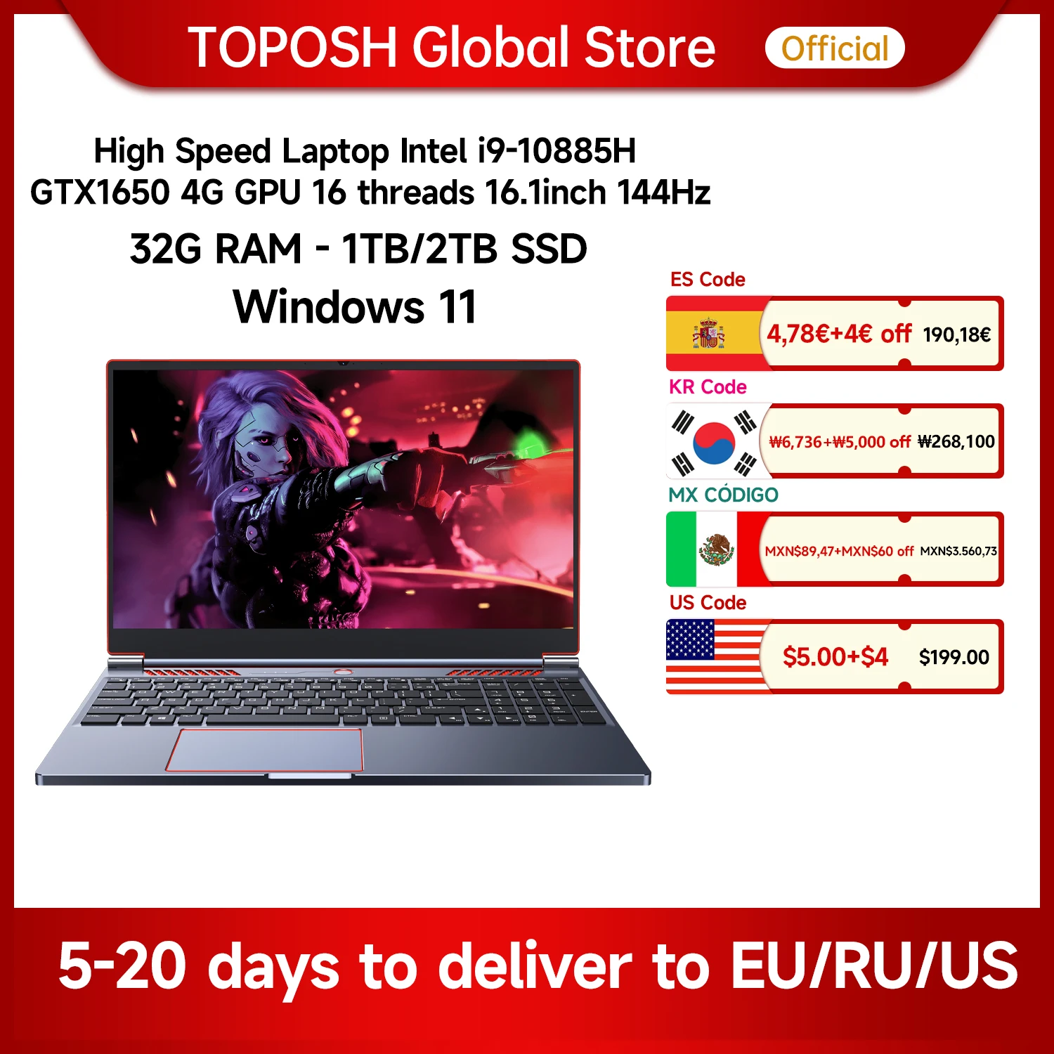 

Toposh Gaming Laptop Intel Core i9-10885H 16.1 Inch Nvidia Geforce GTX1650 4G GPU 16/32GB Windows 10 Notebook Computer Ultrabook