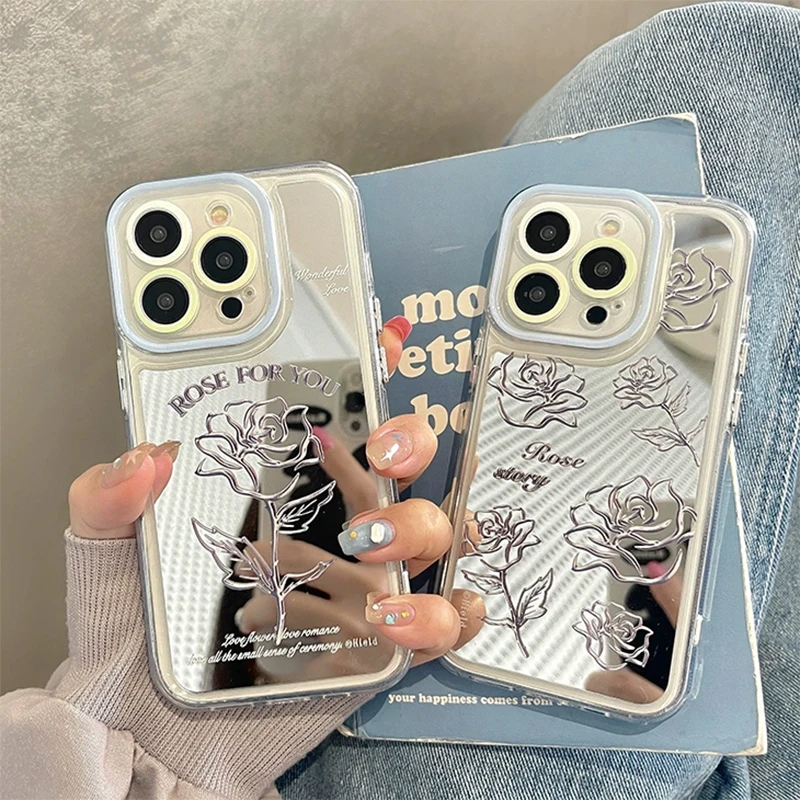 

Silver Mirror Rose Floral Case For iPhone 14 Pro Max 13 11 12 Soft Bumper Hard Back Cover Fundas