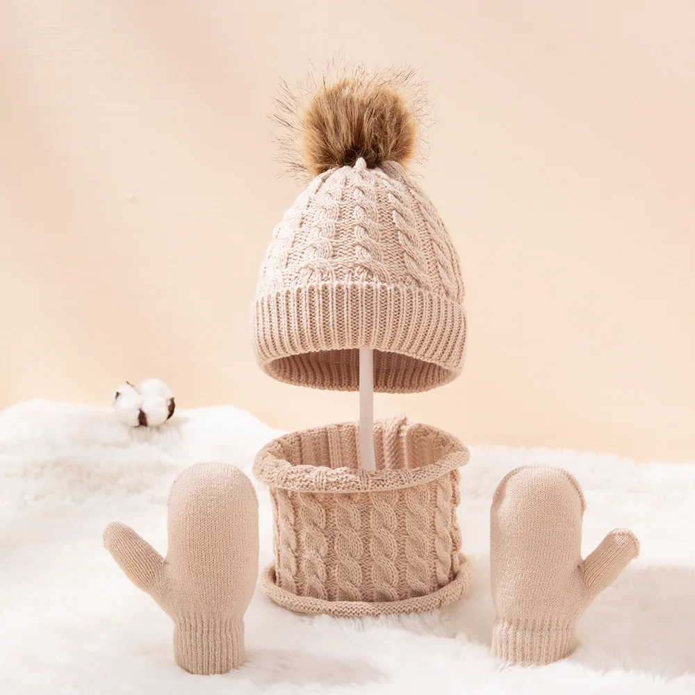New Winter Baby Warming 3 Piece Solid Colour Cute Knitted Cotton Baby Boy And Girl Fur Ball Hat Scarf Gloves Warming Accessories