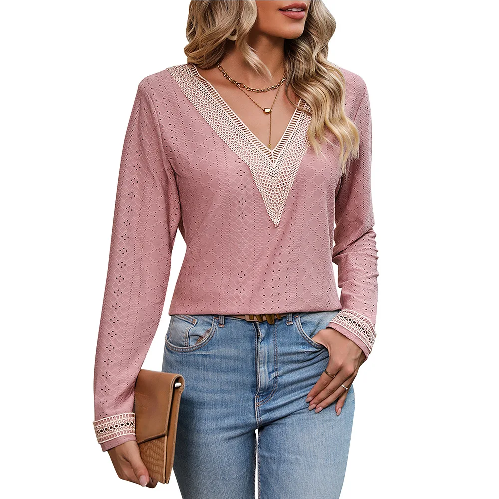 

Autumn Women's T-Shirts Full Sleeve Sexy Gold Lace V-Neck Hole Elegant Casual Loose Stylish Winter Female Blouse Tops C5094