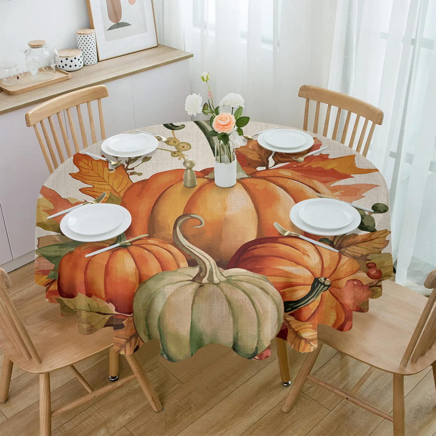 

Thanksgiving Pumpkin Fall Maple Leaf Round Tablecloth Party Kitchen Dinner Table Cover Holiday Decor Waterproof Tablecloths
