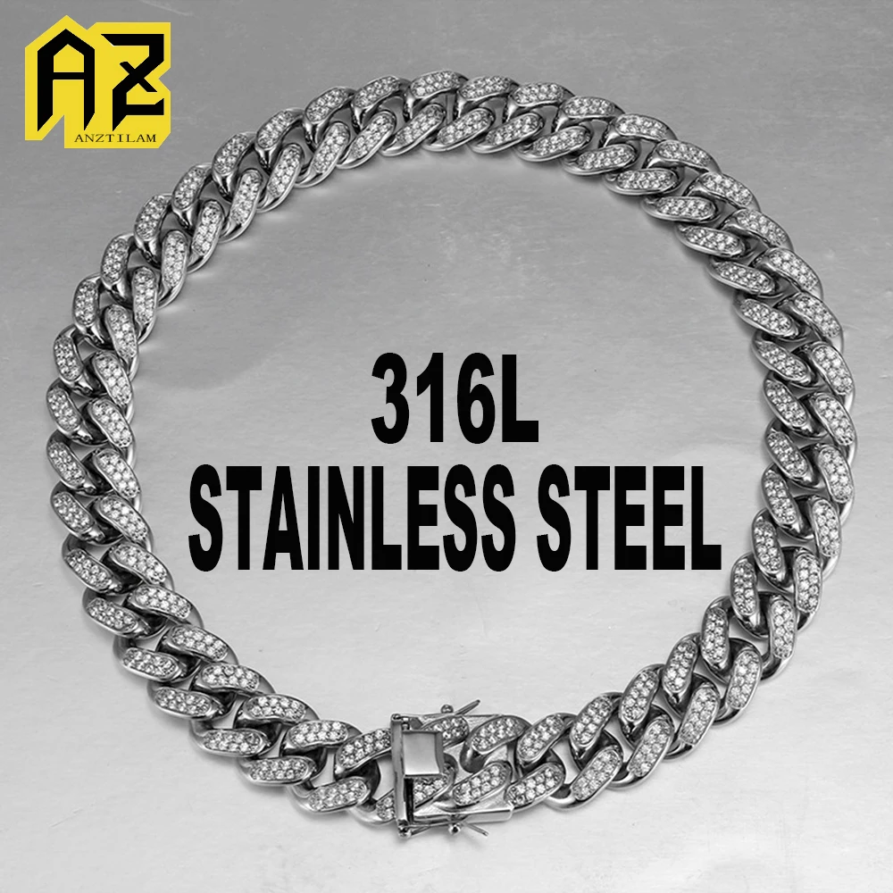 19mm Width 316L Stainless Steel Cuban Link Chain Necklaces Bling Zircon Hip Hop Iced Out Necklace For Women Fashion Jewelry