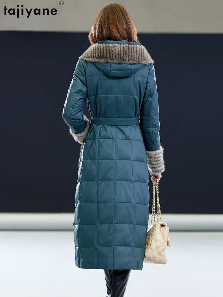 Женский пуховик средней длины Tajiyane из натуральной овечьей кожи с капюшоном