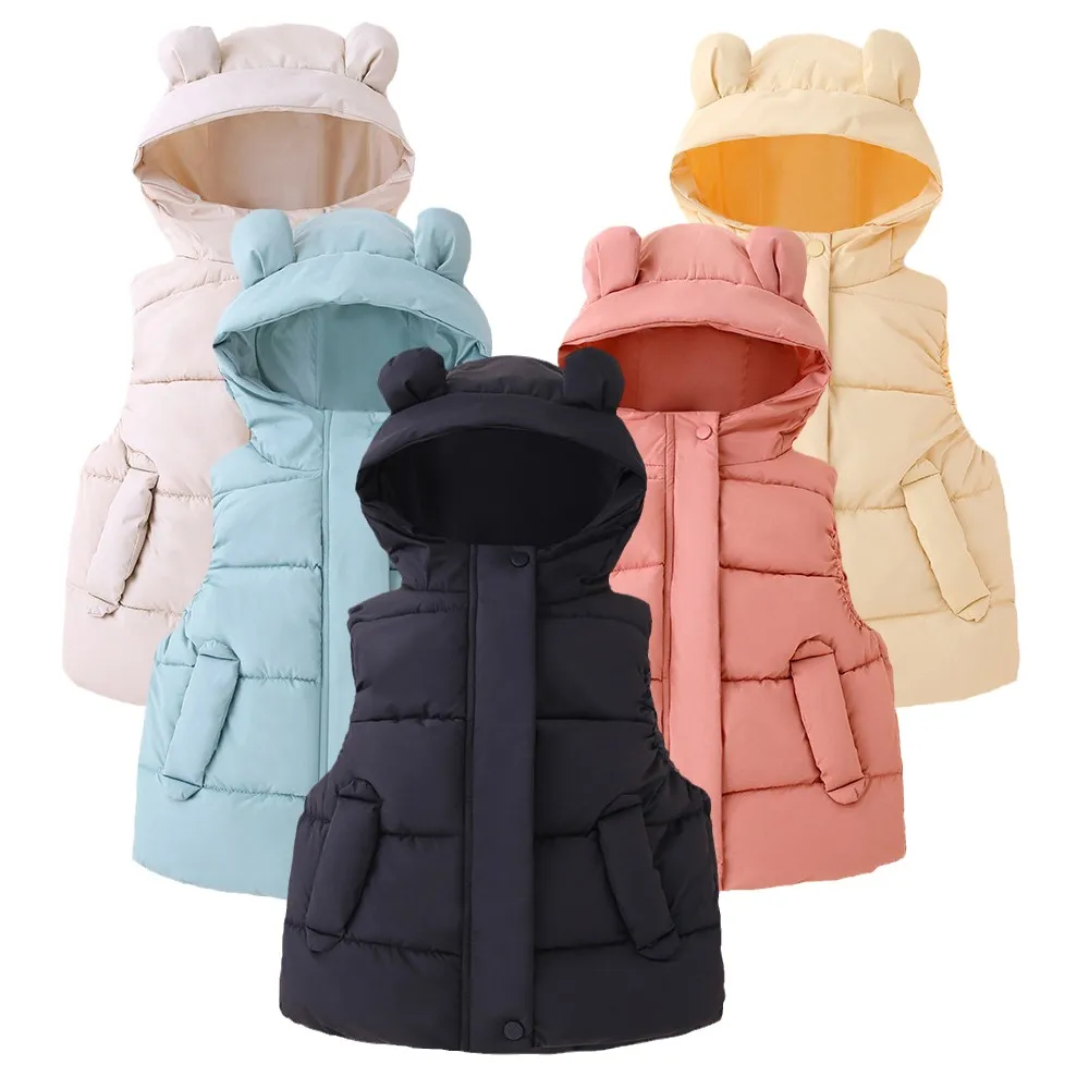 Kids Winter Vests Hooded 2022 Solid Color Warm Baby Boy Vest Cotton Padded Jacket Sleeveless Toddler Girls Autumn Waistcoat Vest