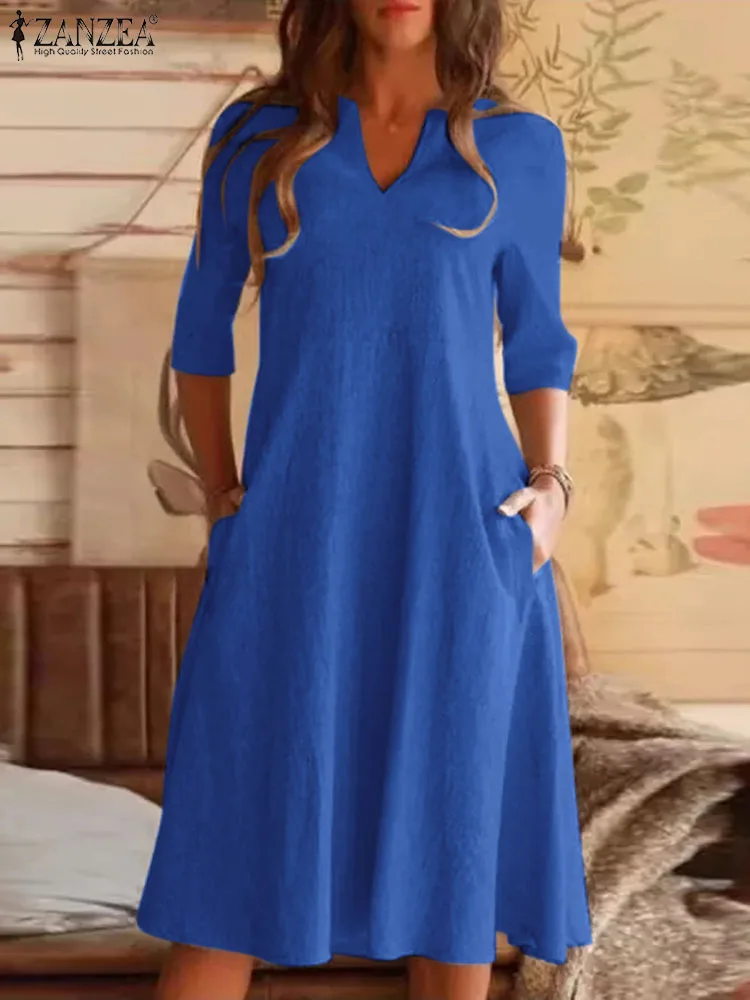 

Elegant V Neck Sundress Autumn Solid Dresses For Women 2022 ZANZEA 3/4 Sleeved Loose Casual Midi Dress OL Robe Party Vestidos