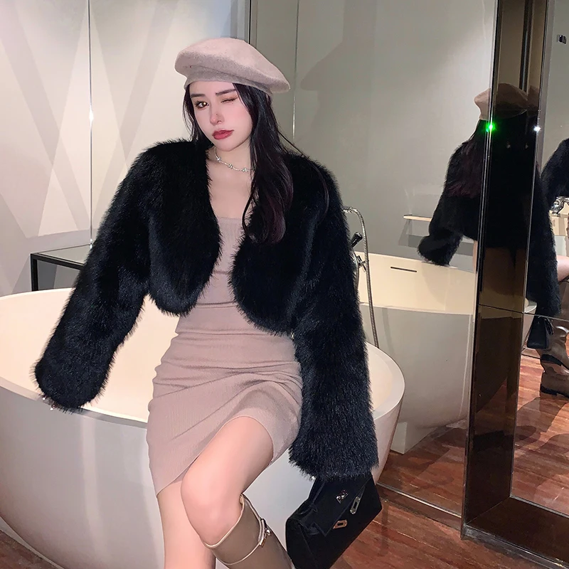 FIGOHR Корейский стиль Премиум Slim Fit Короткая куртка из искусственного лисьего меха