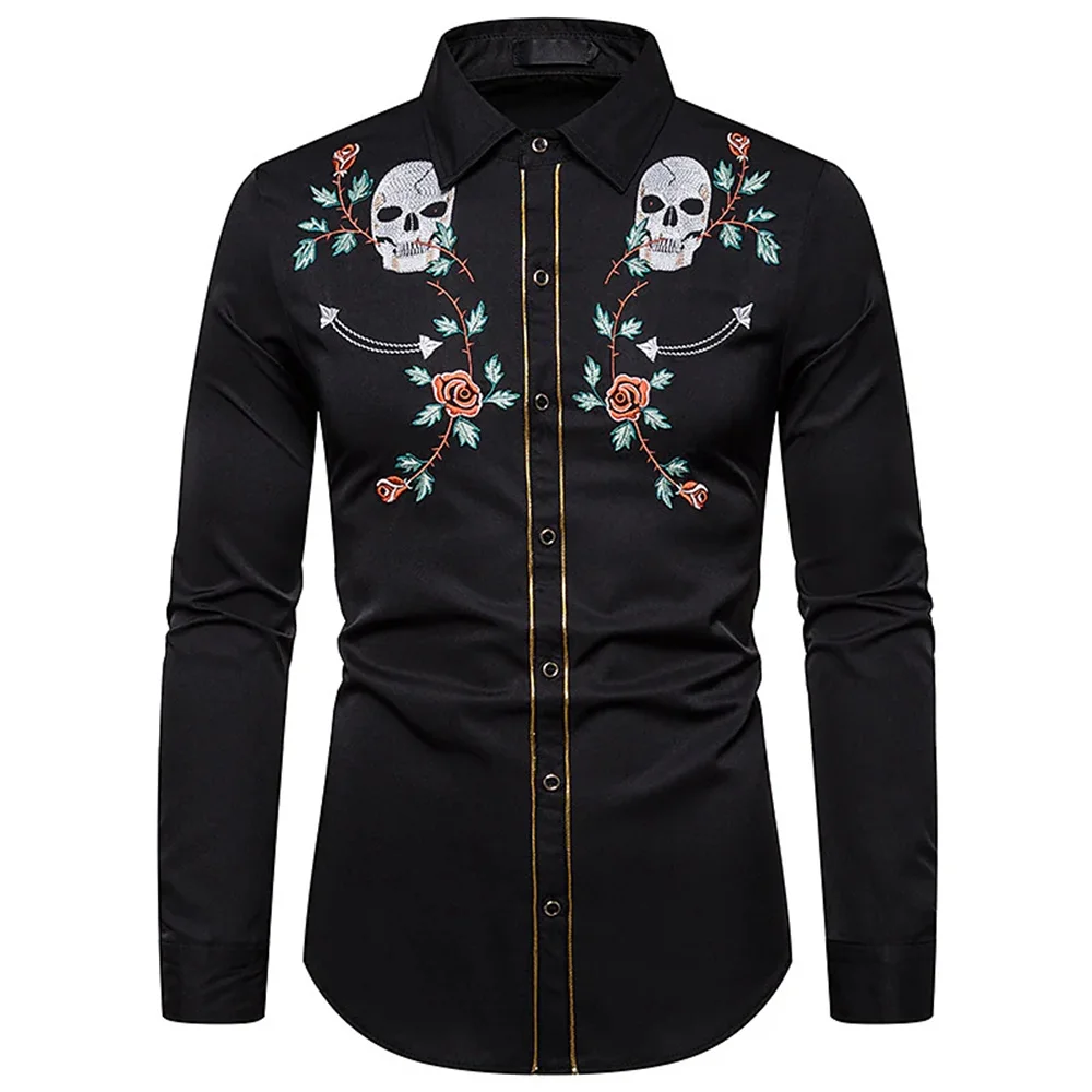 New men's western printed shirt retro black outdoor street button long -sleeved fashion social street clothing designer 2023