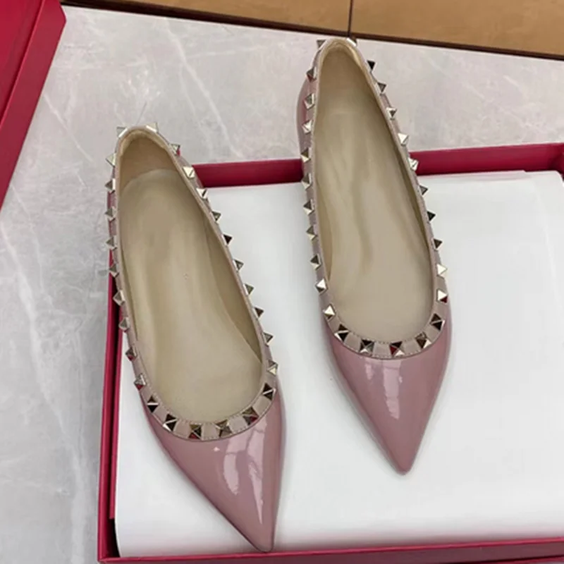 Women British American Styles Fashionable Daily Fashion Show Shoes With Studded Patchwor Patent Leather & Matte Flats Pinted 45