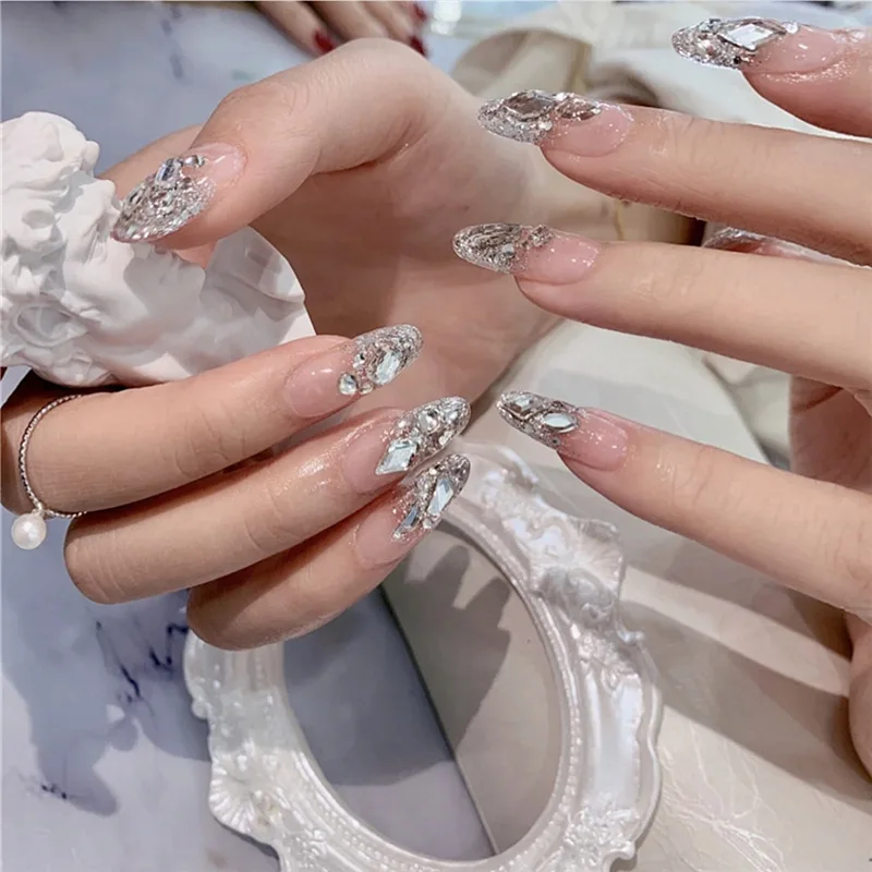 

24Pcs/Set Nail Art Fake Nails with Diamonds Pink Silver Glitter Wearing Reusable False Nails Long Ballerina Press on Nail Tips