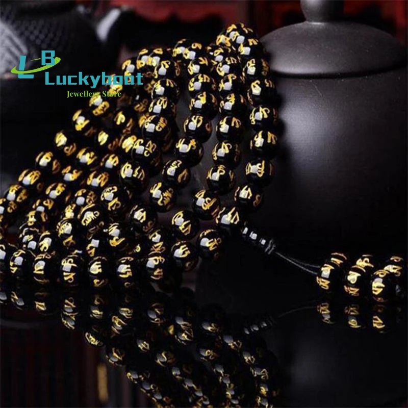 Feng Shui Obsidian Stone Bead Carve Mantra Om Mani Padme hum Amulet Unisex Wristband Bracelet Wealth Good Luck Changing Bangle