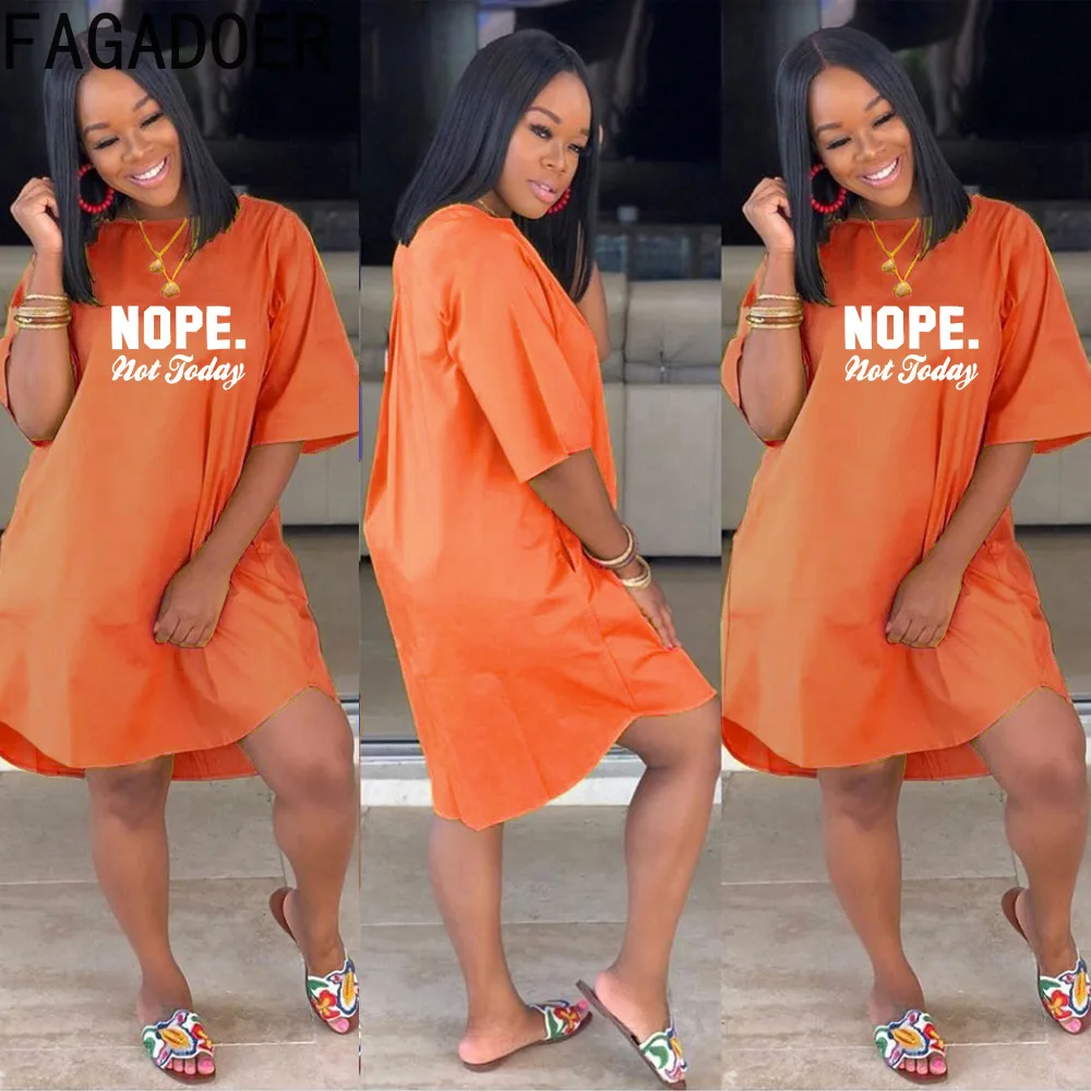 

FAGADOER Summer Dresses Women Letter Print Short Sleeve Casual Loose Dress Female 2022 New Vestidos Fashion Clothes with Pocket