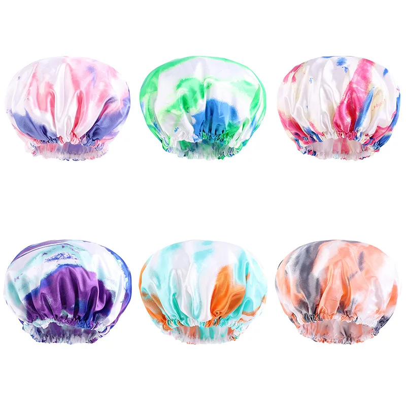 

Tie-Dyed Satin Double-Layer Shower Cap Eva Waterproof Thermal Heat CAP Beauty Makeup Hat JDY-453F-1