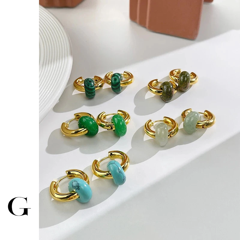 

Ghidbk Multicolor Natural Stone Donut Beads Hoop Huggie Earrings for Women Chunky Gold Color Thick Hoops Detachable Gem Earrings