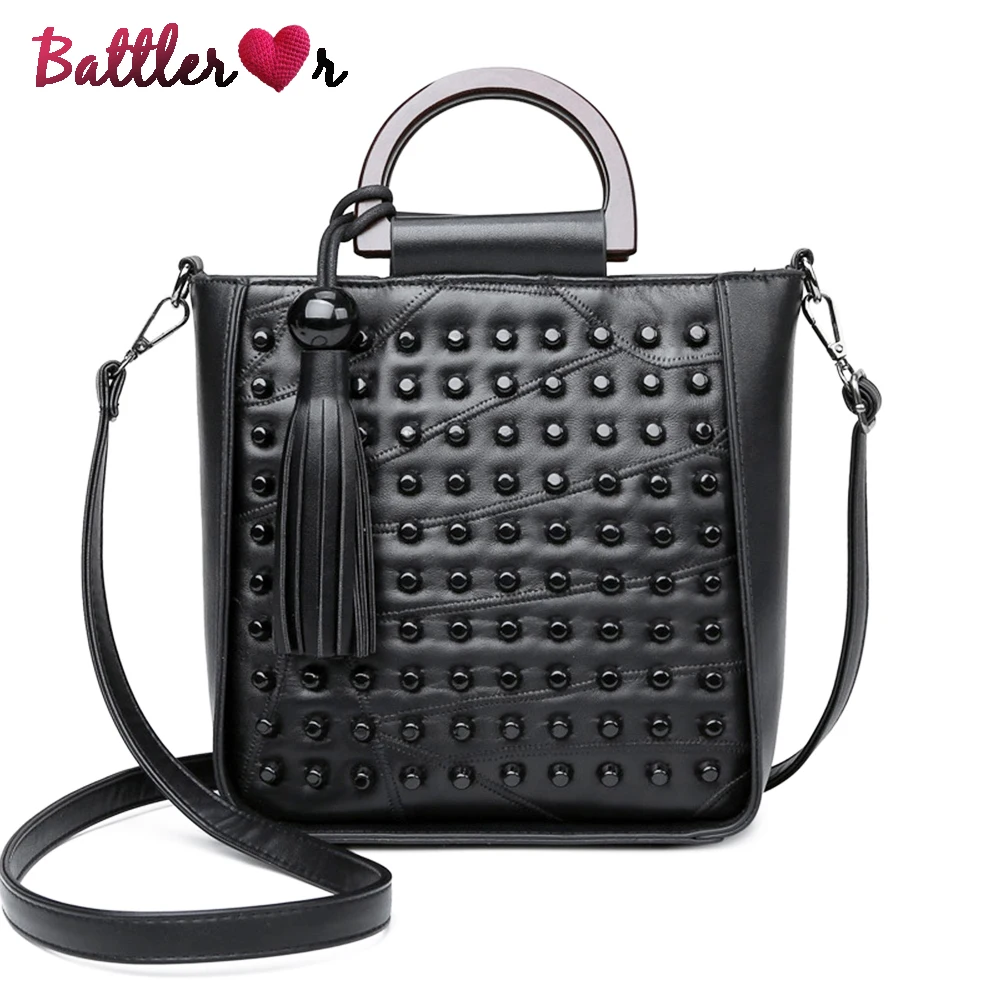 

Fashion Real Sheepskin Leather Handbag For Women Luxury Steampunk Rivet Totes Ladies Vintage Messenger Crossbody Bags For Women