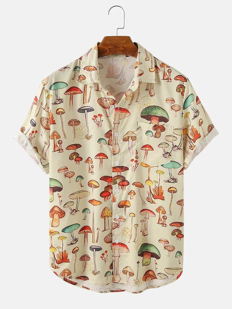 

2023 Summer Men Hawaiian Shirts Lapel Chest Pocket Short Sleeve Colorful Element Mushroom Pattern Print Button Up Casual Shirt
