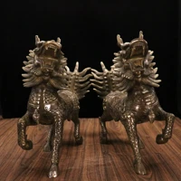 12 chinese folk collection old brass patina kirin unicorn statue a pair gather fortune ornament town house exorcism