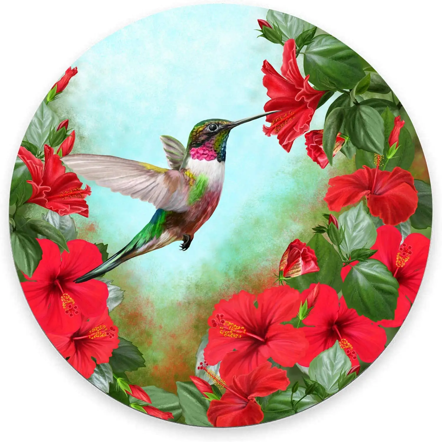 

A Circle of Red Hibiscus and Green Foliage Round Mouse Pad Mouse Mat Waterproof Non-Slip Rubber Base MousePads 7.9x0.12 Inch