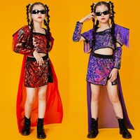 Girls Red Purple Sequins Set Kids Hip Hop Kpop Outfit Cheerleading Dance Clothing Jazz Dance Costume Stage Catwalk Clothes 5134