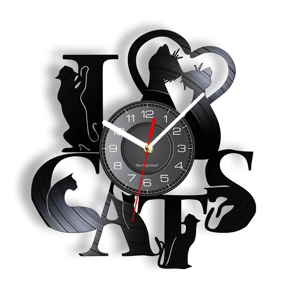 I Love Cats Wall Clock Black Cats Vinyl Record Clock Funny Kitty Kitten Wall Art Vintage House Warming Gift For Cat Lovers