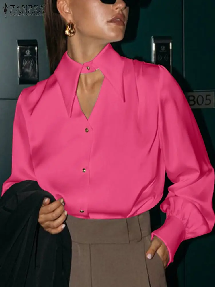 

ZANZEA Women Long Sleeve Shirts Office Lady Satin Blouse 2023 Autumn Fashion Lapel Tops Holiday Buttons Hollow Out Sexy Blusas