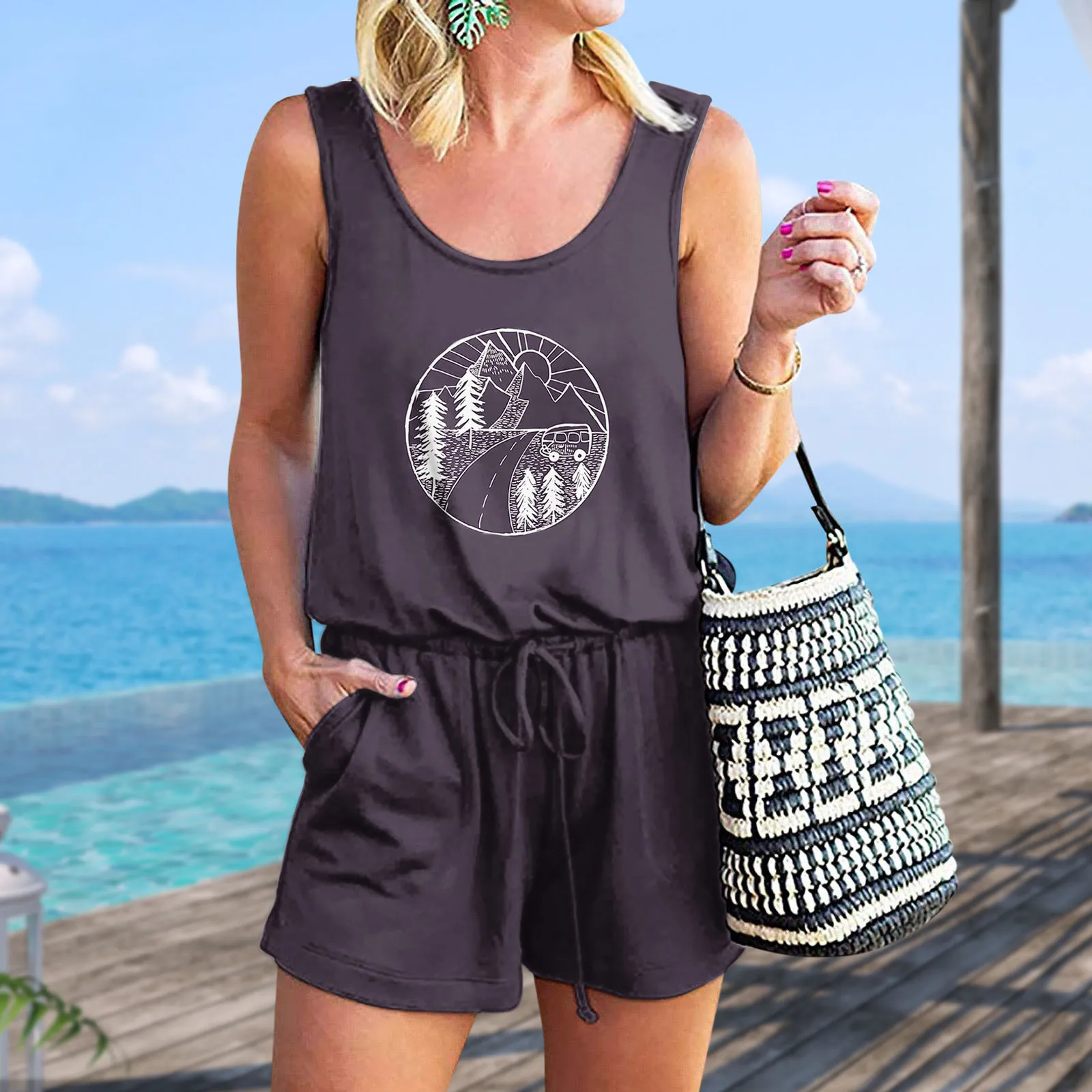 

Комбинезон женский летний, Пляжная Короткая Повседневная одежда без рукавов, мягкая однотонная, летняя