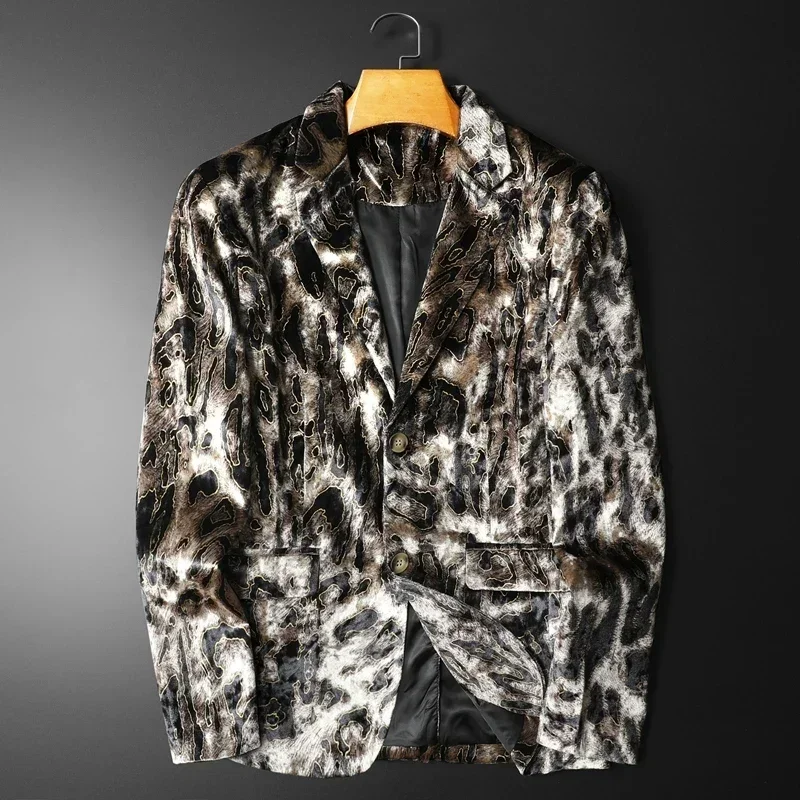 Бархатные пиджаки премиум-класса с леопардовым принтом для мужчин облегающие