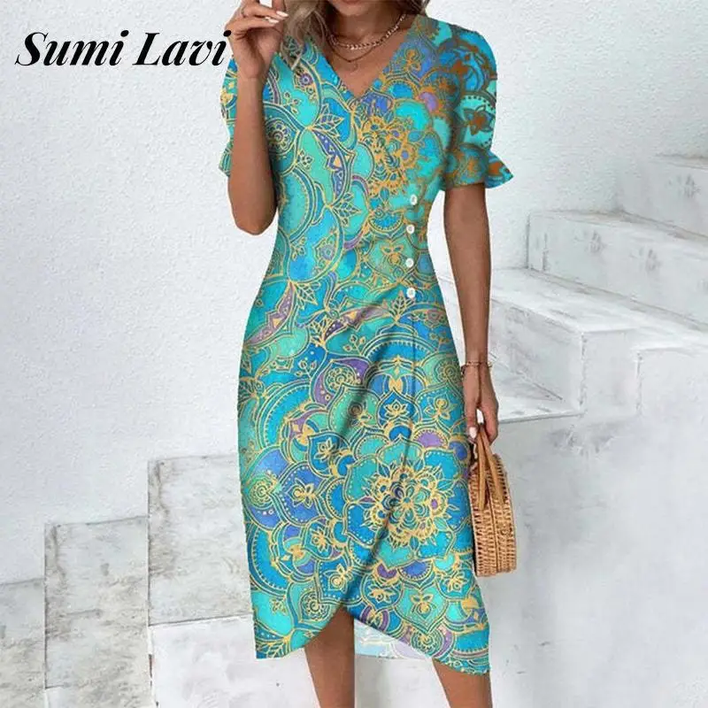 

Летнее платье с V-образным вырезом и коротким рукавом, винтажное облегающее платье с разрезом, женские однобортные облегающие платья миди в стиле бохо