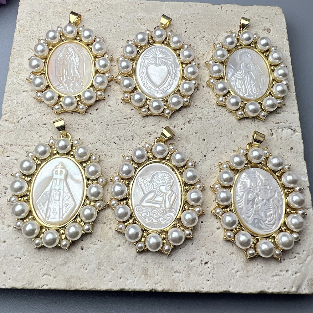 

New Oval Medal Virgin Mary Guadalupe Pendants Women Pearl Natural MOP Shell Sacred Heart Charms For Jewelry Making Necklace