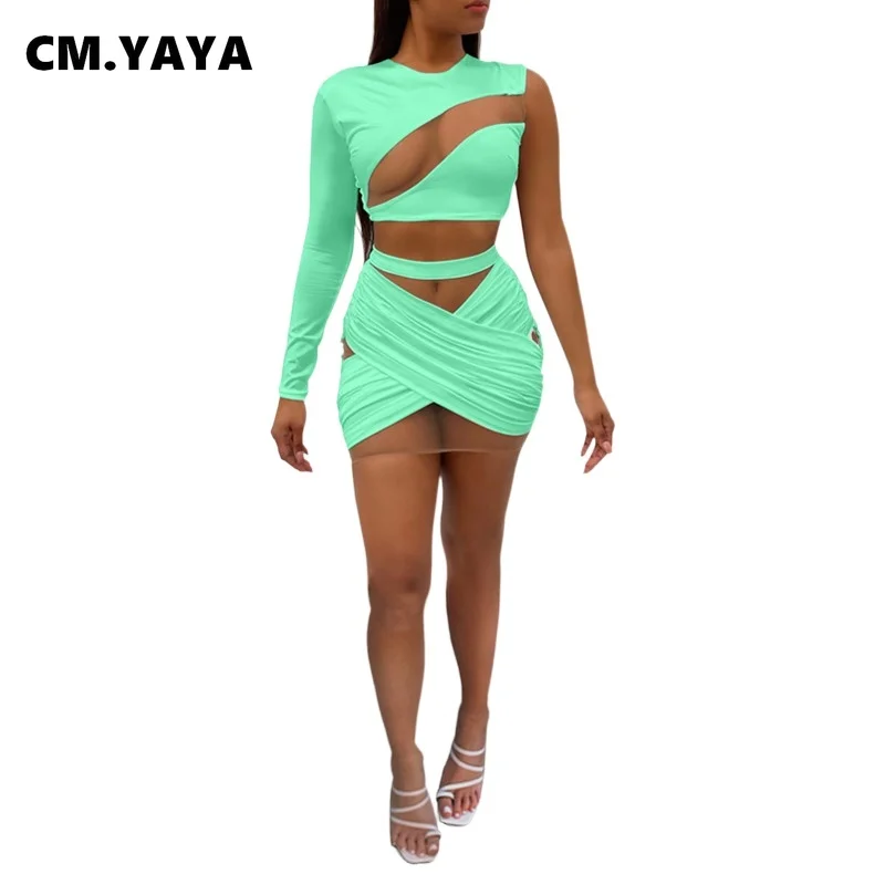 Женский спортивный костюм CM.YAYA сетчатый с вырезами на одно плечо Топ длинным