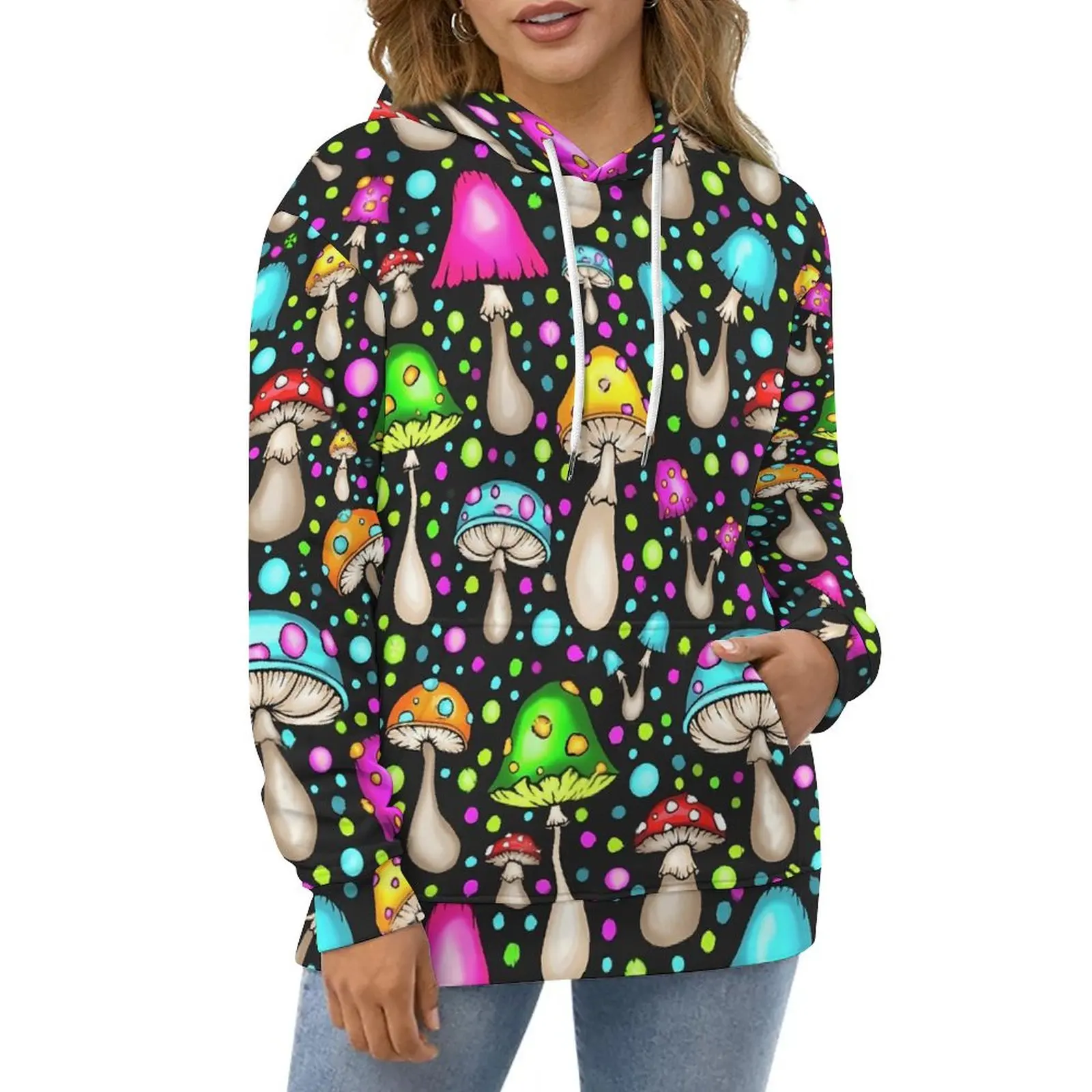 

Magic Mushroom Hoodies Long Sleeve Happy Hippie Mushrooms Elegant Casual Pullover Hoodie Street Style Loose Hooded Sweatshirts