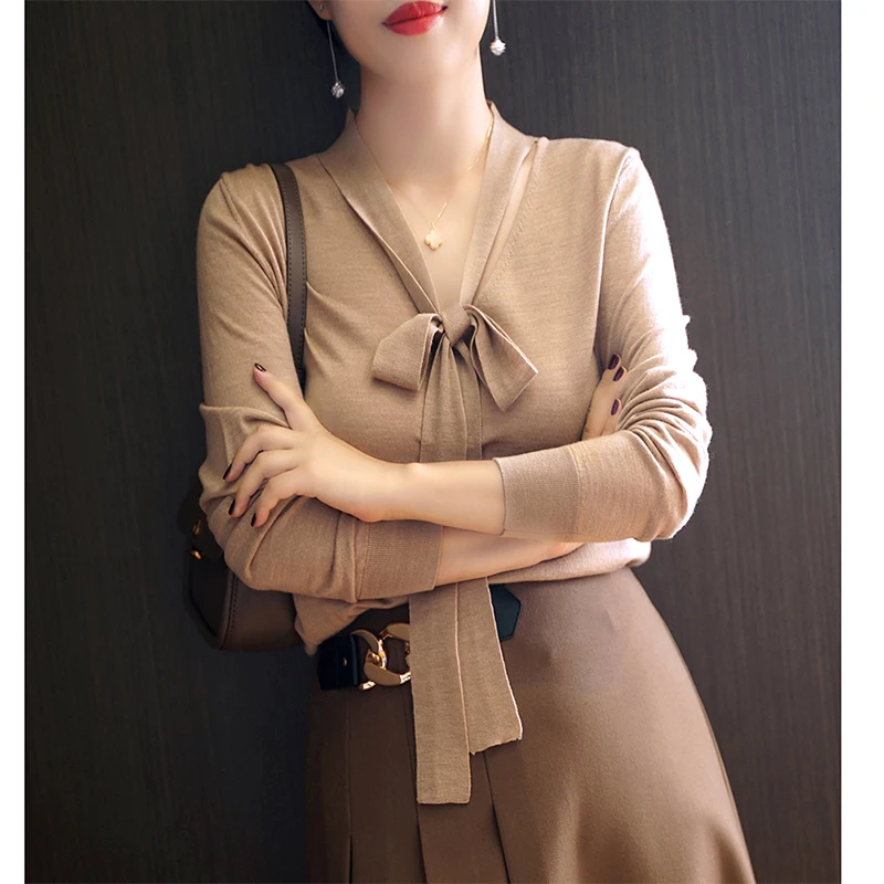 Elegant Bow Lace-up V-neck Knit Autumn and Winter New Loose Slimming Inner wear Bottoming Shirt Top