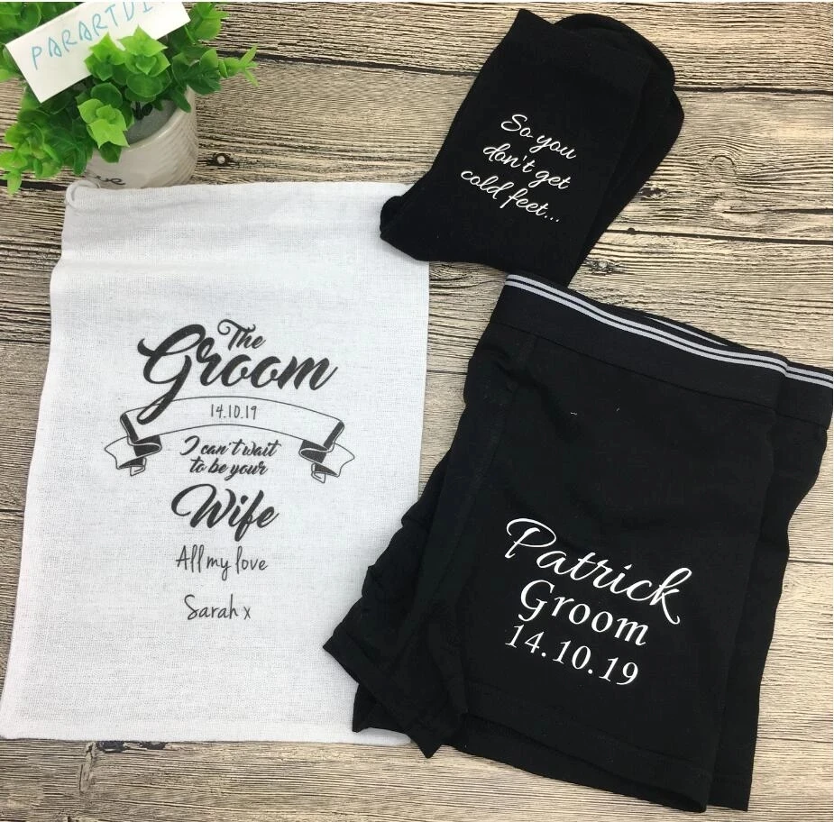 

Personalised Premium Groom Boxer Shorts & Socks Underwear Wedding Gift Bag Set, Usher Best man Groomsman wedding thank you gift