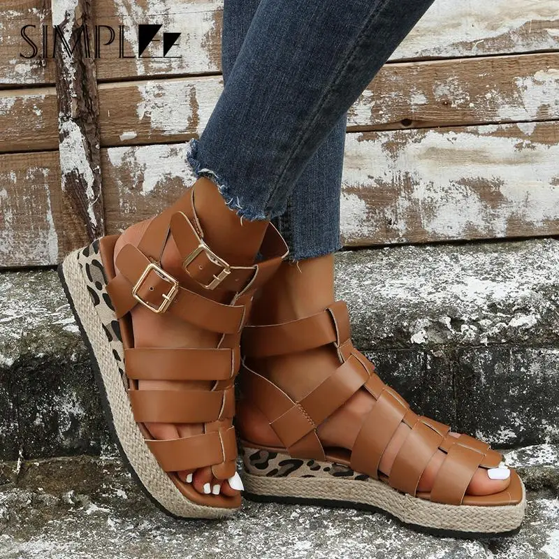 

Женские босоножки с высоким верхом, летние босоножки на танкетке с леопардовым принтом, повседневные сандалии на платформе, 2022