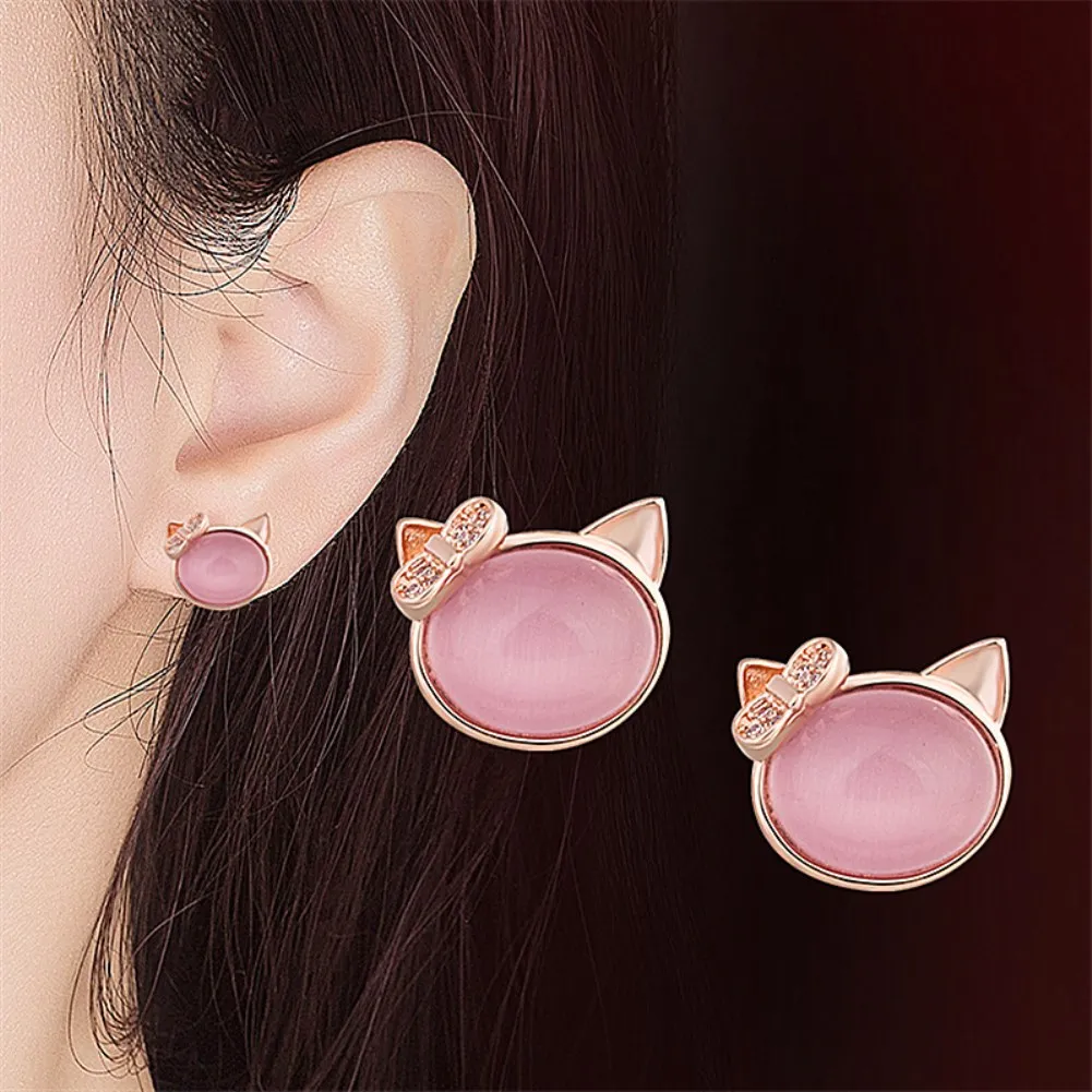 

Korean Version of The Explosive Female Cute Cat Earrings Female Natural Hibiscus Stone Powder Stud Earrings Silver Ear Jewelry