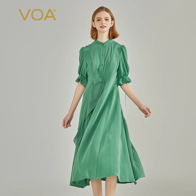 VOA Heavyweight Silk Standing Neck Lantern Short Sleeve Waist Wrapped Single Breasted Emerald Green Silk Dress AE2119