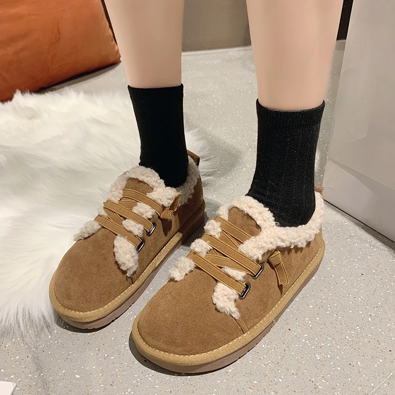 2022 Winter Casual Flat Shoes Women's Snow Boots Non-slip Plus Velvet Warm Cotton Shoes Flat Lace Female Boots Size 35-40
