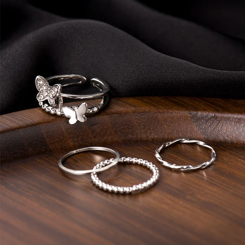 

Fashion Simple Vintage Silver Color Butterfly Rings Set for Women Korean Style Knuckles Jewelry Joint Tail Artistic Punk Ring