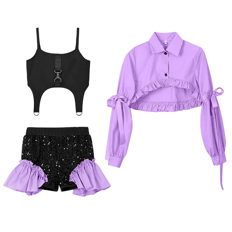 

Children Jazz Dance Costumes Girls Purple Tops Sequin Shorts Hip Hop Suit Modern Street Dance Stage Performance Clothing
