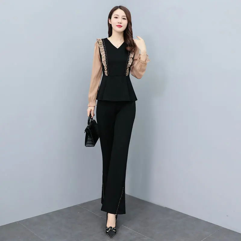 Women Falbala Design Top And Pant 2 Pieces Suit Set Pink Black Patchwork Informal Suit Design Twinset Outfits Office Lady 2023