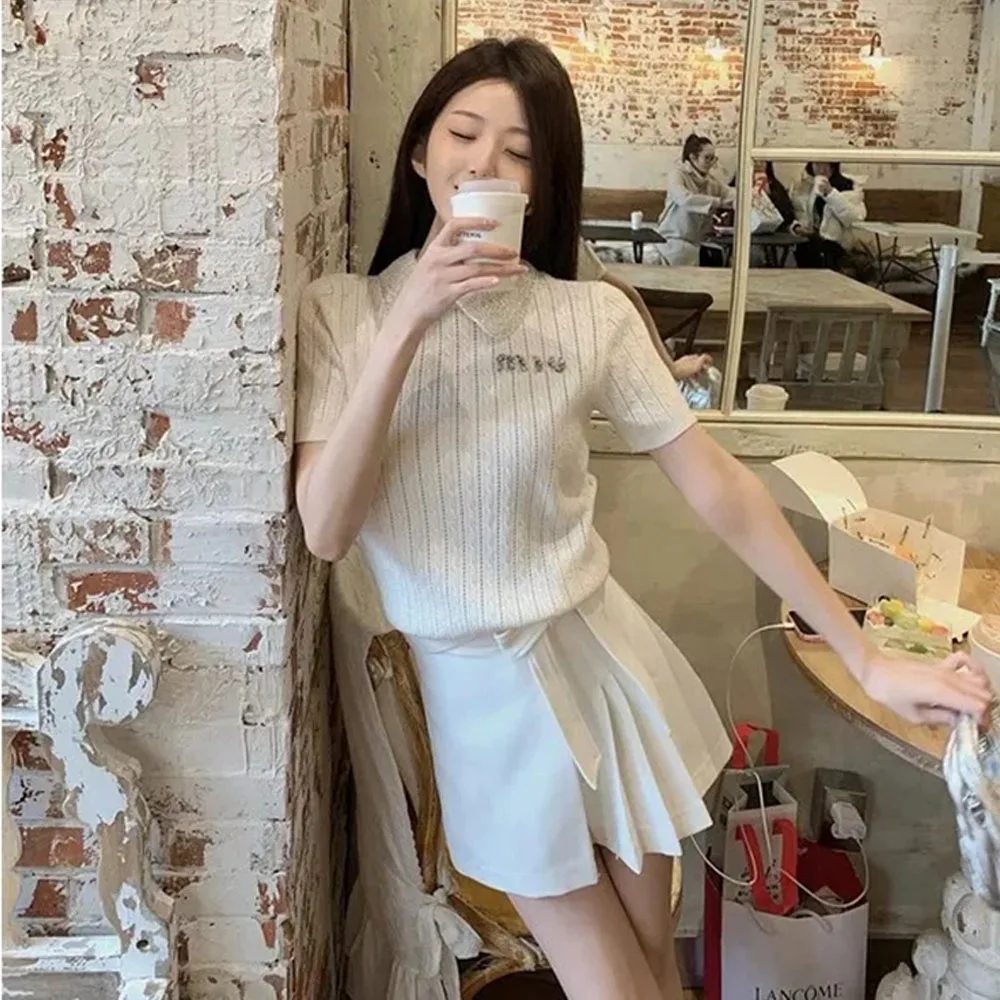 Элегантный офисный винтажный свитер 2024 женская белая вязаная футболка с