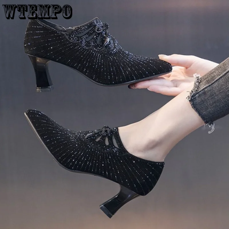 WTEMPO Sexy Glitter Rhinestones Luxury High Heels Women Crystal Bowknot Wedding Party Prom Shoes Female Casual Pumps Wholesale