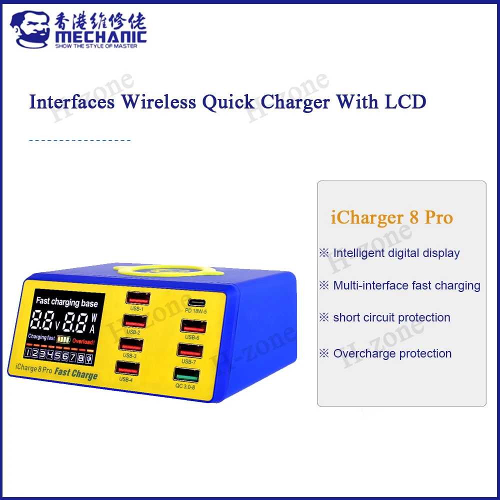 

MECHANIC iCharge 8 Pro USB Smart Charger 60W 8-Port LED Display Quick Charge QC 3.0 Wireless Charge for Phone Charging Station