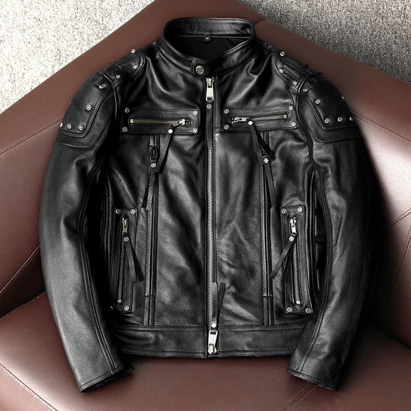 

Leather Jacket Men Can Add Protective Gear Rivets Trendy Jackets Pure Top Layer Cowhide Genuine Leather Motorcycle Clothing