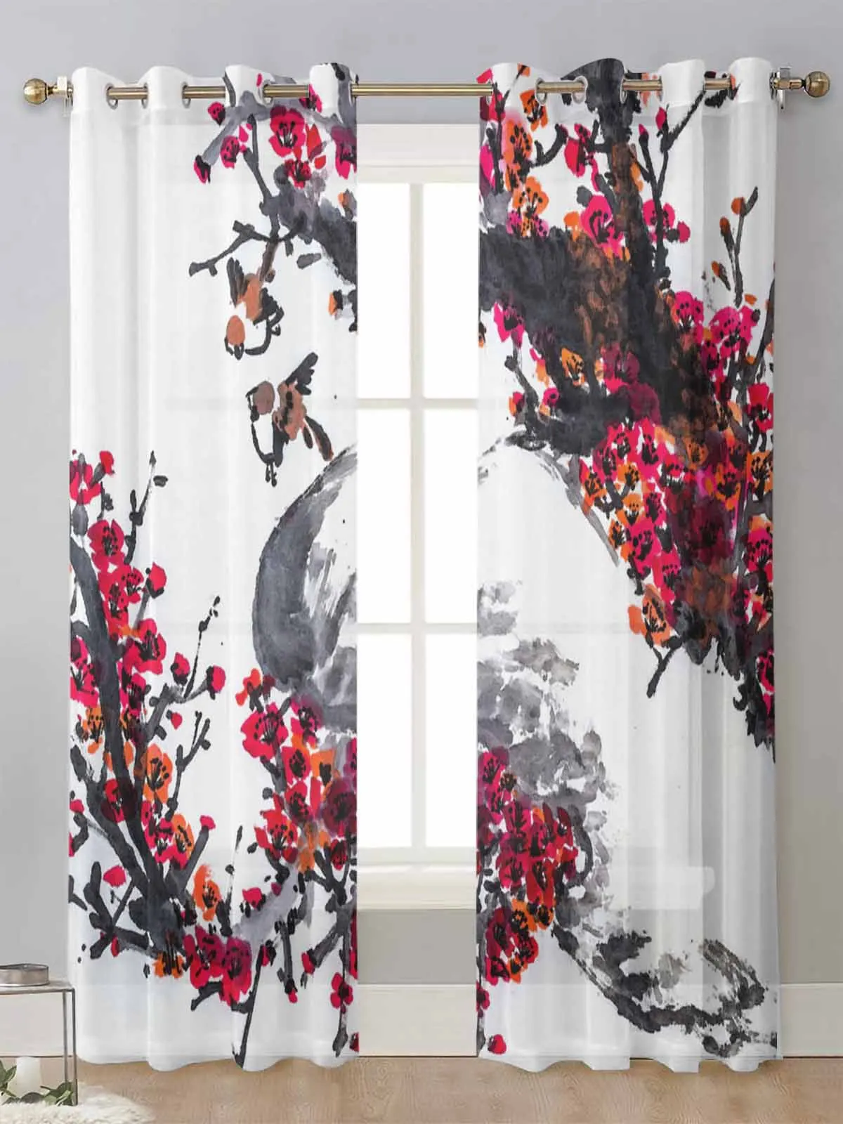 

Ink Painting Sparrow Plum Blossom Sheer Curtains For Living Room Window Voile Tulle Curtain Cortinas Drapes Home Decor