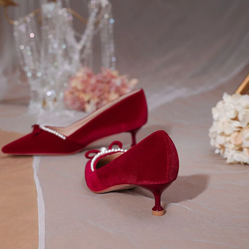 Свадебные туфли Phoentin с жемчугом бархатные элегантные на среднем тонком каблуке