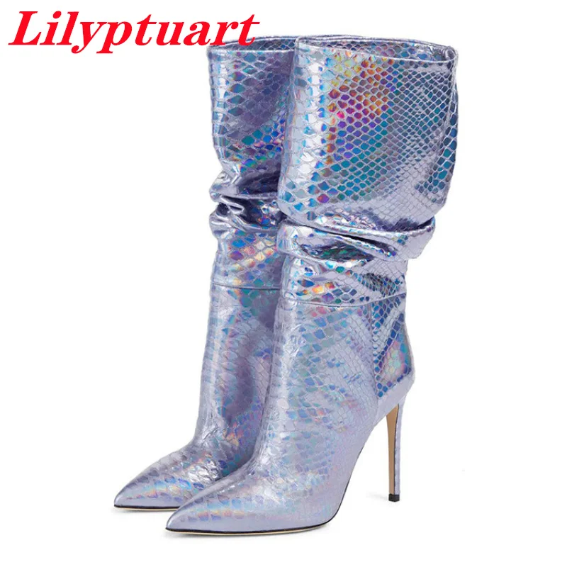 

Модные сапоги LILYPTUART ZA, женские, пикантные, с острым носком, красочные плиссированные стилеты, совершенно новые, элегантные, высококачествен...