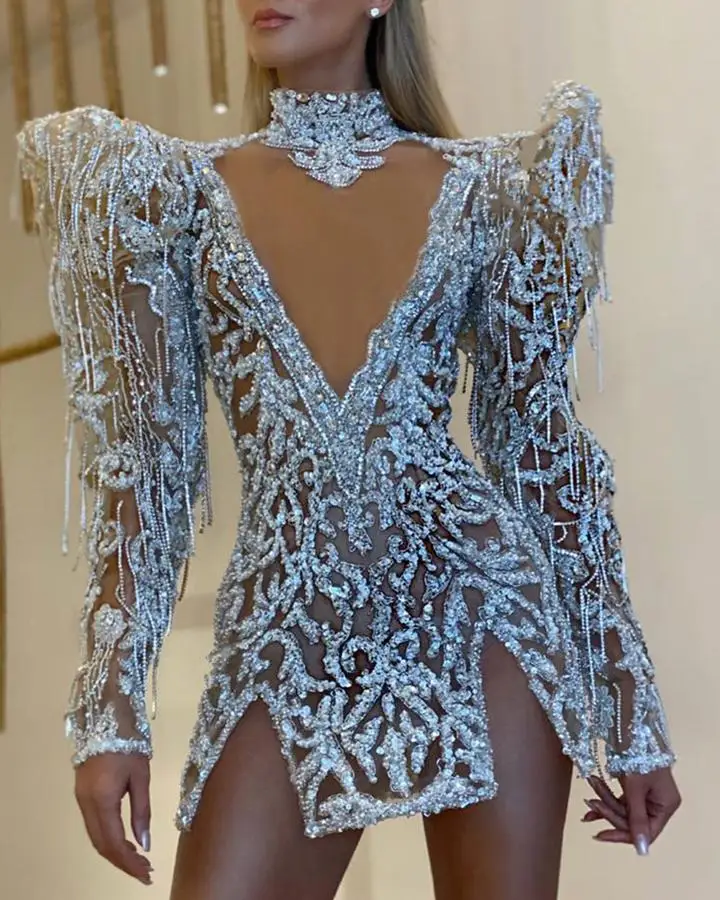 

Women's Evening Dress 2022 New Women's Long Sleeve Turtleneck Dress Women's Tassel Rhinestone Decoration Sexy Mini Dress